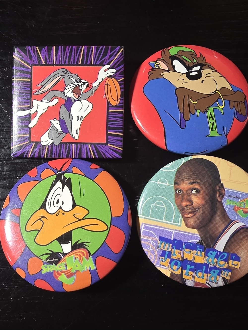 4 Vintage Space Jam Button Pin Back Looney Tunes Michael Jordan Bugs Taz
